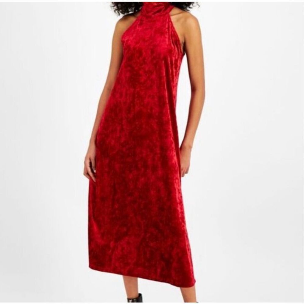 Bar Ill Red Crushed Velvet Halter Midi Dress
